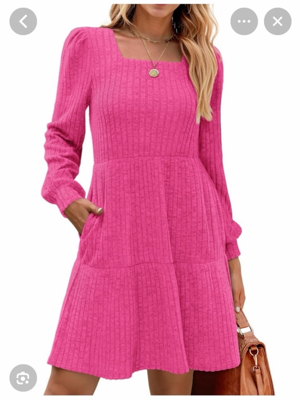 Women’s Square Neck Long Sleeve Knit Dress in Hot Pink